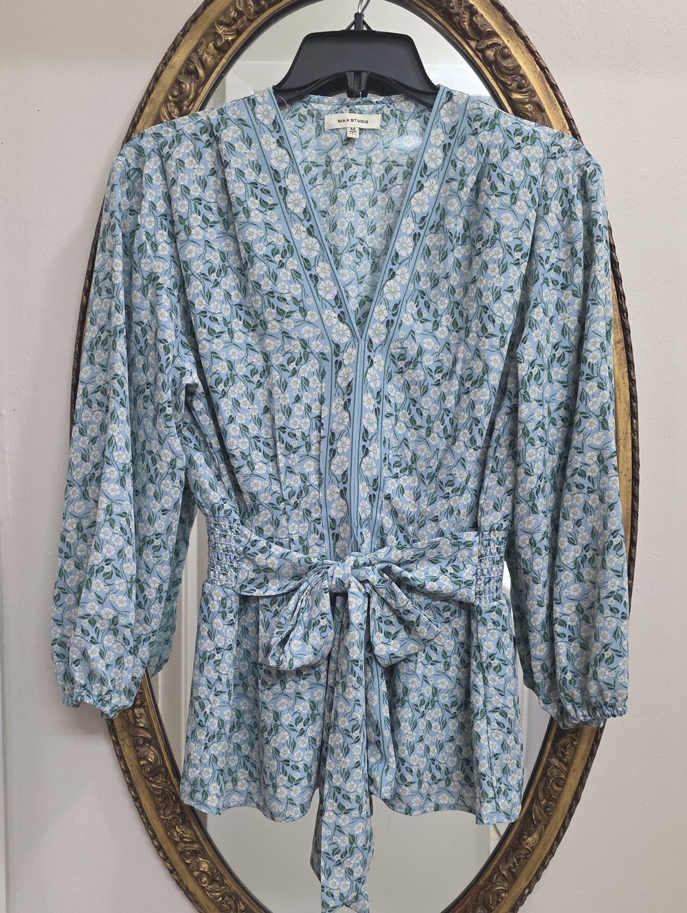 Max Studio Sky Blue Floral Tie-Waist Top Relaxed Size M Bohemian Coastal